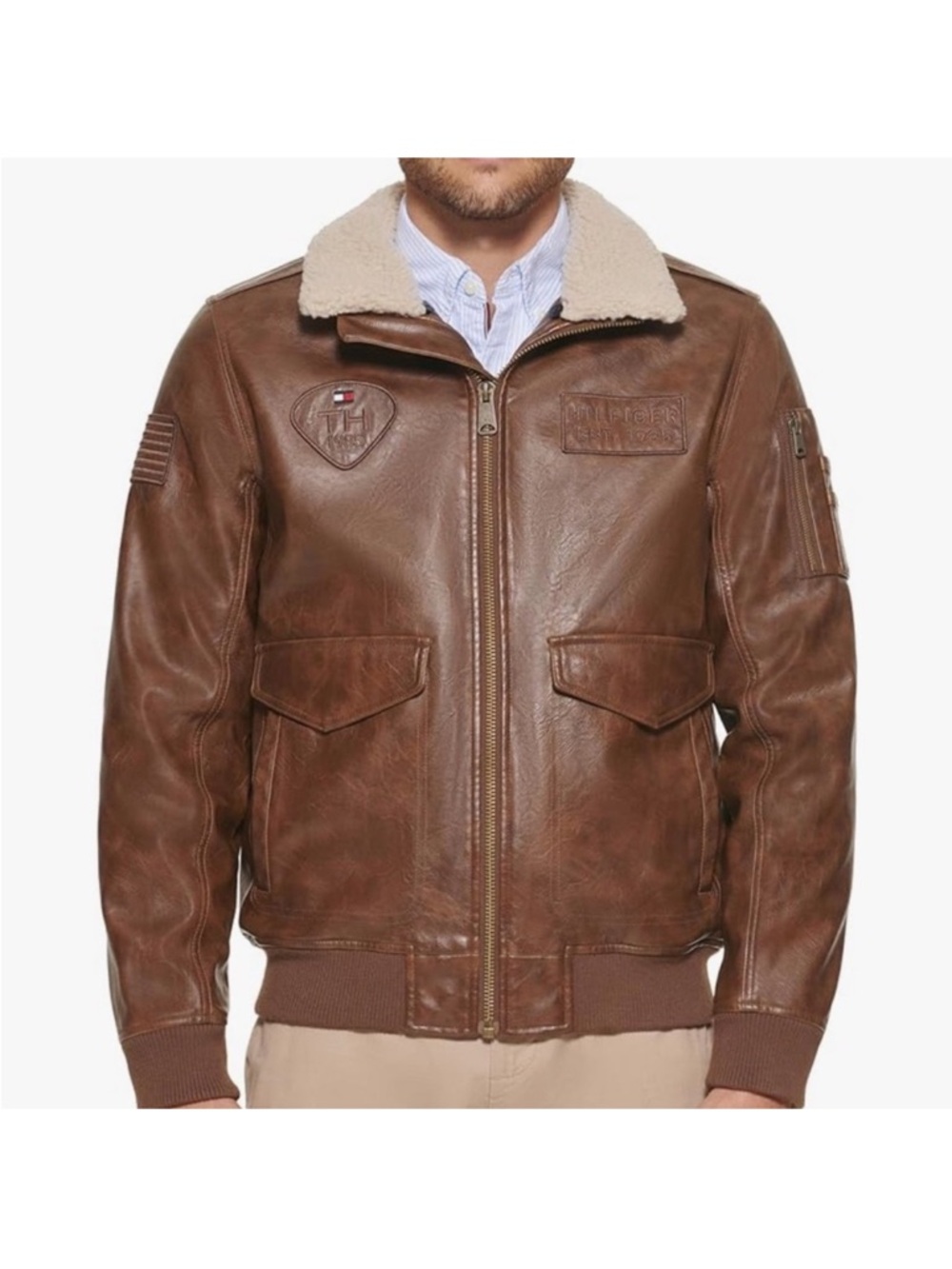 Tommy Hilfiger Brown Leather Bomber Jacket with Cream Sherpa Collar